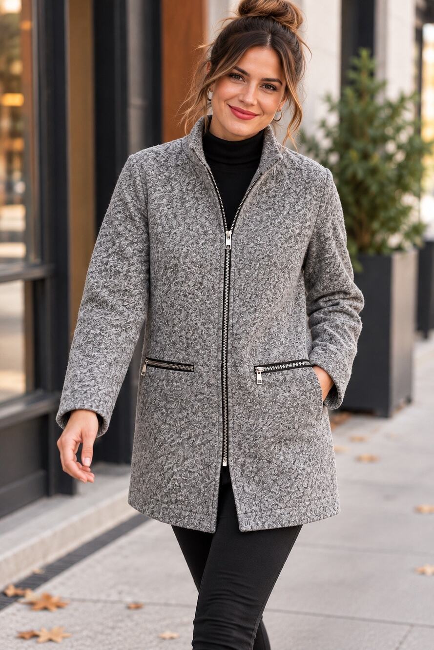Bershka XS Gray Textured Wool Blend Zip Front Coat Moto Minimalist
